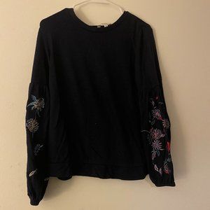 Navy Dark Blue Puff Sleeve Floral Blouse